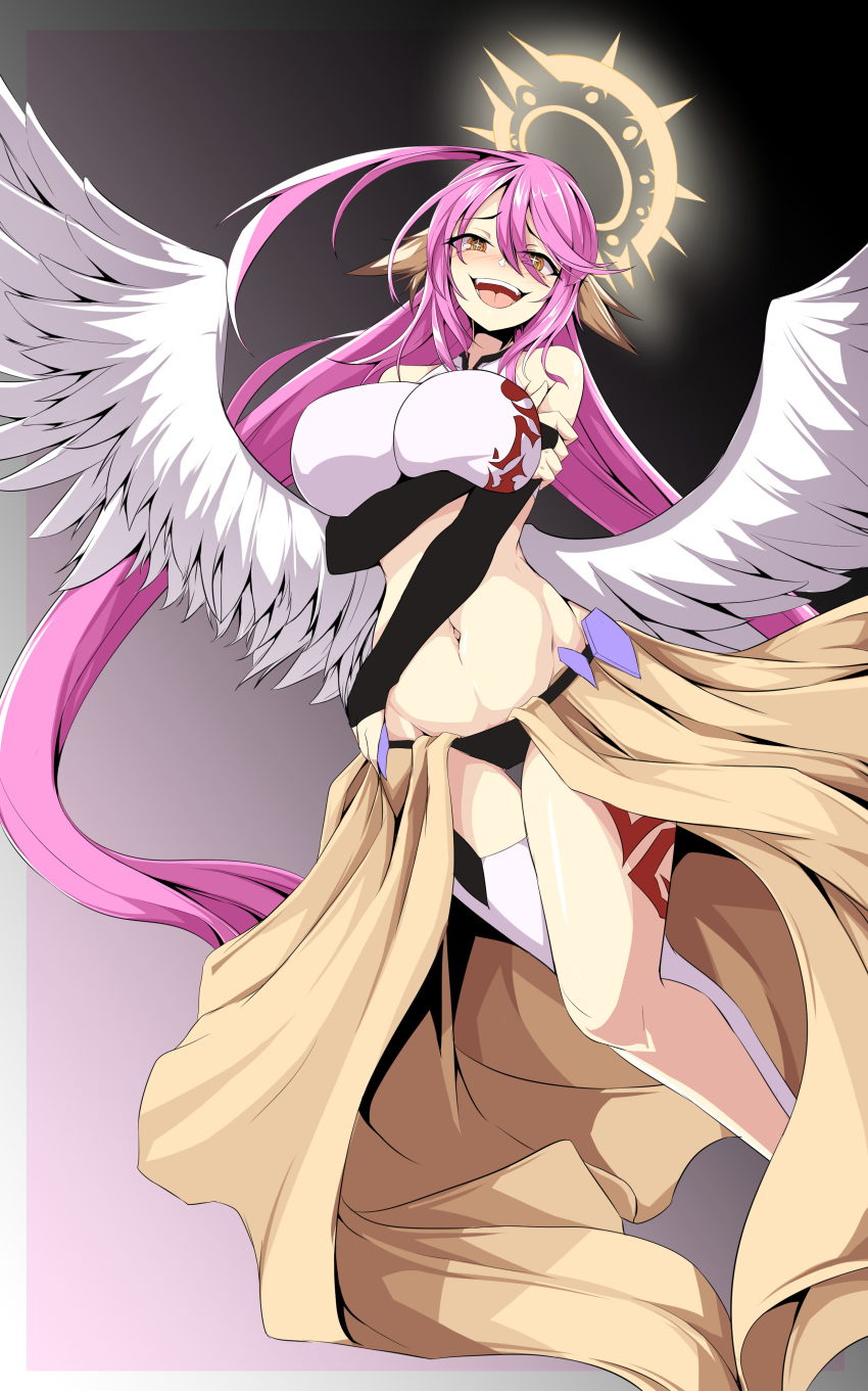 1girl absurdres ahoge angel_wings blush breast_hold breasts bridal_gauntlets brown_eyes commentary_request crop_top cross evil_smile feathered_wings hair_between_eyes halo highres jibril_(no_game_no_life) large_breasts long_hair looking_at_viewer low_wings magic_circle midriff mr.bong9s navel no_game_no_life open_mouth pink_hair single_thighhigh smile solo symbol-shaped_pupils tattoo thighhighs very_long_hair white_wings wing_ears wings