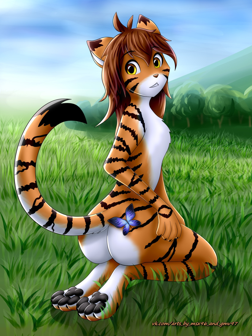 anthro black_body black_fur black_stripes brown_hair butt butt_pose collaboration facial_markings felid female flora_(twokinds) fur gmv97 grass hair head_markings hi_res kneeling looking_at_viewer looking_back mammal markings mountain msx96 nude orange_body orange_fur outside pantherine pawpads pose sky solo striped_body striped_fur stripes tiger tree twokinds webcomic white_body white_fur yellow_eyes