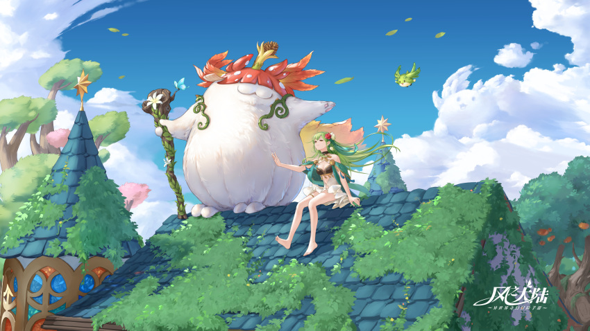 1girl :3 arm_at_side ash_tale-kaze_no_tairiku- bare_shoulders barefoot bird black_bikini_top blue_sky cloud copyright_name creature day dress fantasy flower food fruit fruit_tree green_hair hair_flower hair_ornament hair_ribbon highres holding holding_staff jewelry long_hair moss necklace on_roof outdoors outstretched_arm outstretched_arms pinecone red_flower red_rose revealing_clothes ribbon rooftop rose shawl sitting sky smile spread_arms staff star tassel thighlet tower tree white_dress white_flower wind yubo-w
