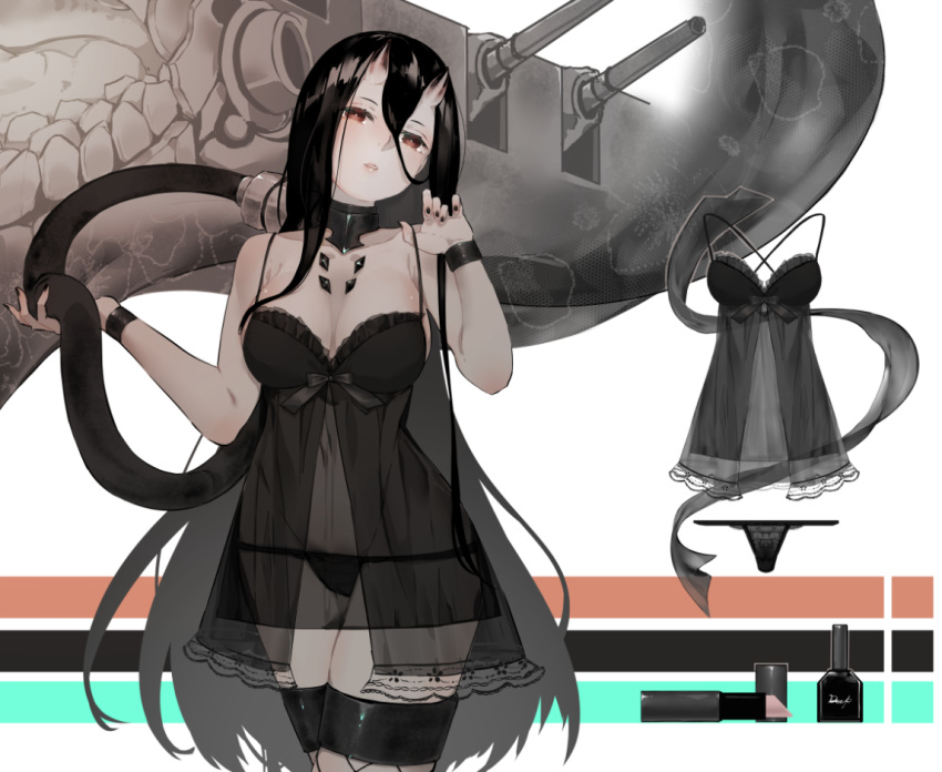 1girl alternate_costume babydoll bangs battleship_hime black_hair black_panties blush breasts fingernails hair_between_eyes horns kantai_collection large_breasts lingerie lips lipstick_tube long_hair makeup nello_(luminous_darkness) oni_horns pale_skin panties parted_lips red_eyes see-through shinkaisei-kan solo teeth underwear wristband