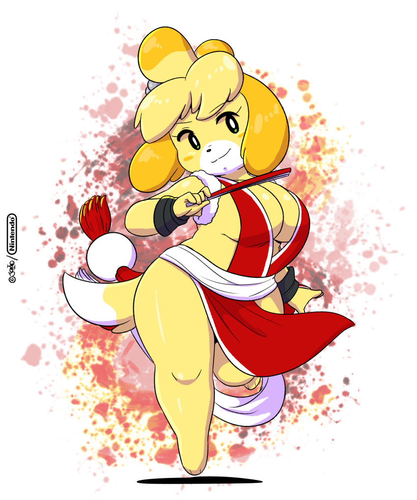 2019 5_fingers absurd_res animal_crossing anthro beady_eyes big_breasts blonde_hair breasts canid canine canis clothed clothing cosplay digital_media_(artwork) dipstick_tail domestic_dog fatal_fury female fingers folding_fan fur hair hi_res isabelle_(animal_crossing) joaoppereiraus looking_at_viewer mai_shiranui mammal multicolored_tail nintendo shih_tzu short_stack snk solo thick_thighs toy_dog video_games white_body white_fur wide_hips yellow_body yellow_fur