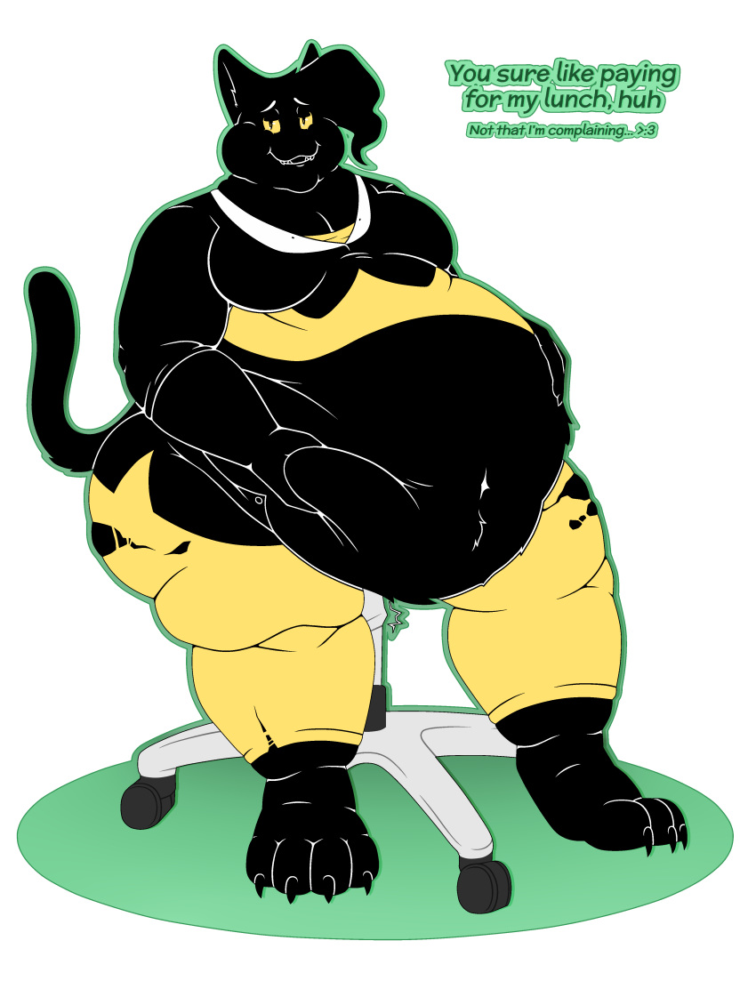 2019 absurd_res alpha_channel anthro belly belly_grab big_belly black_body black_fur breasts chair clothed clothing digital_media_(artwork) english_text felid feline female fur furniture hi_res mammal obese obese_female open_mouth outline overweight overweight_female simple_background sitting solo text thefoxydragon thick_thighs torn_clothing transparent_background wardrobe_malfunction yellow_eyes