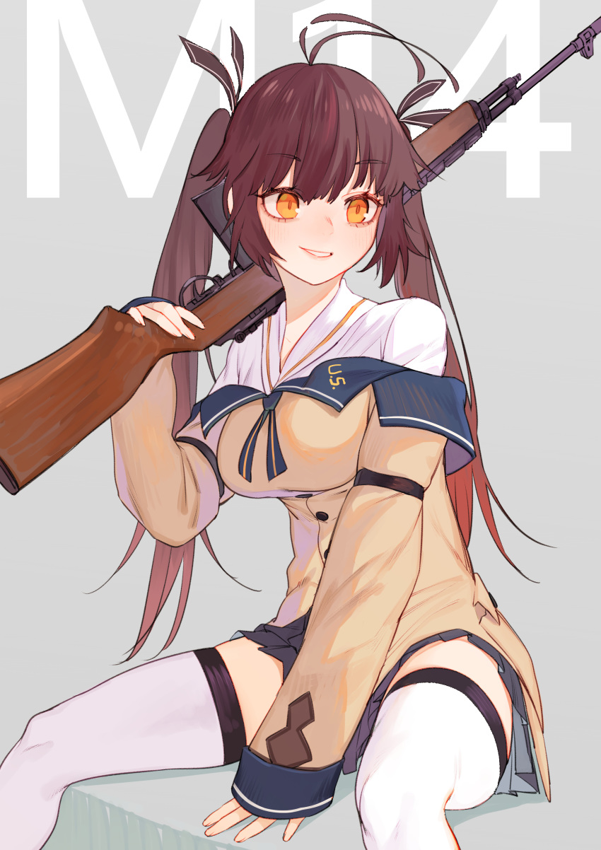 1girl absurdres bangs battle_rifle black_skirt brown_hair brown_shirt eyebrows_visible_through_hair girls_frontline gun highres juz long_hair m14 m14_(girls_frontline) ribbon rifle shirt skirt solo thighhighs twintails weapon white_legwear yellow_eyes