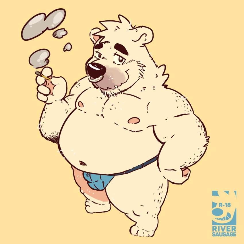 1:1 2019 anthro belly bulge clothing facial_piercing hi_res humanoid_hands male mammal moobs navel nipples nose_piercing nose_ring overweight overweight_male piercing polar_bear riversausage simple_background smoking solo underwear ursid ursine