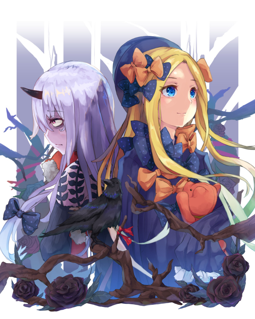 2girls abigail_williams_(fate/grand_order) bags_under_eyes bangs black_bow black_dress black_flower black_headwear black_rose blonde_hair blue_eyes blush bow dress fate/grand_order fate_(series) flower forehead hair_bow highres horn lavinia_whateley_(fate/grand_order) long_hair long_sleeves multiple_girls mumyuu orange_bow pale_skin parted_bangs polka_dot polka_dot_bow purple_eyes ribbed_dress rose sleeves_past_fingers sleeves_past_wrists smile stuffed_animal stuffed_toy teddy_bear white_hair wide-eyed