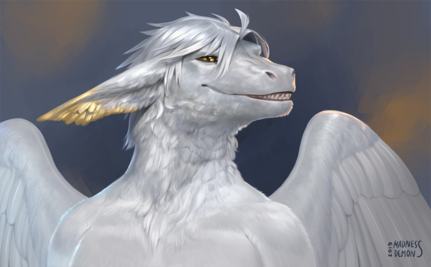 2019 anthro dragon fur furred_dragon hair kaspar_(character) madness_demon male portrait solo teeth wings yellow_eyes