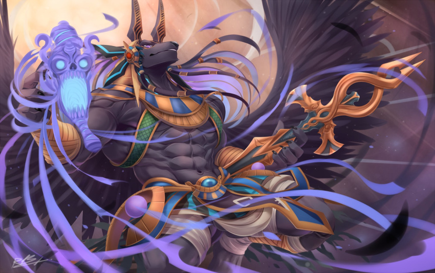 abs anthro anubis biceps canid canine canis clothing deity egyptian egyptian_mythology ghost hi_res jackal loincloth looking_at_viewer male mammal middle_eastern_mythology muscular muscular_male mythology pecs purple_eyes rabbity spirit staff wings