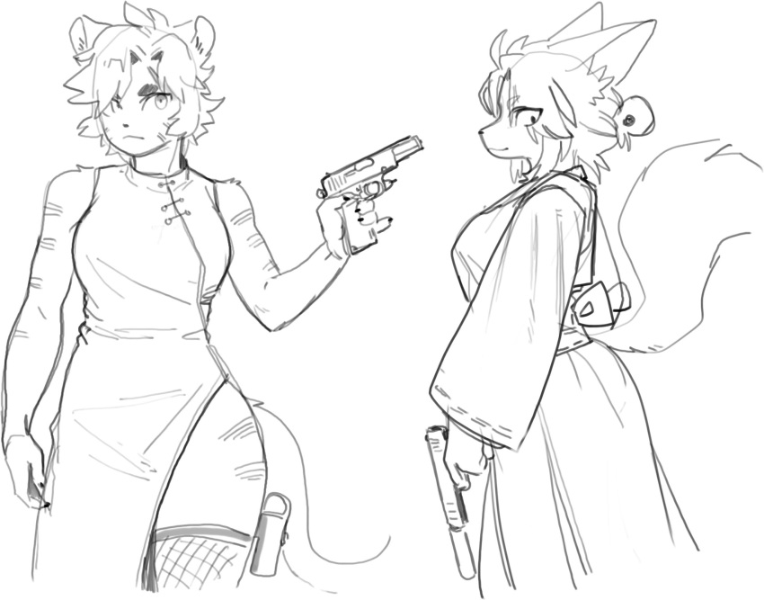 5_fingers anthro black_and_white breasts clothed clothing duo female fingers gun hair hi_res looking_back mammal monochrome pgm300 ranged_weapon simple_background sketch snout standing weapon white_background