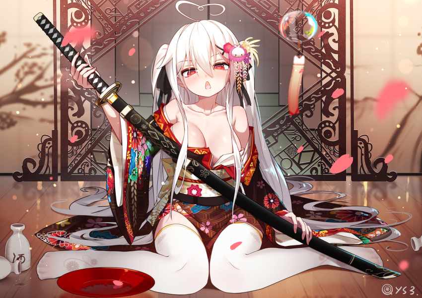 1girl ahoge alcohol bai_yemeng bangs breasts brown_kimono commentary_request cup eyebrows_visible_through_hair floral_print flower hair_between_eyes hair_flower hair_ornament heart heart-shaped_pupils heart_ahoge highres holding holding_sheath holding_sword holding_weapon japanese_clothes katana kimono large_breasts long_hair looking_at_viewer obi off_shoulder open_mouth original petals print_kimono red_eyes red_ribbon revision ribbon sakazuki sake sash sheath sheathed signature sitting solo sword symbol-shaped_pupils thighhighs tokisaki_mio two_side_up very_long_hair wariza weapon white_hair white_legwear wind_chime wooden_floor