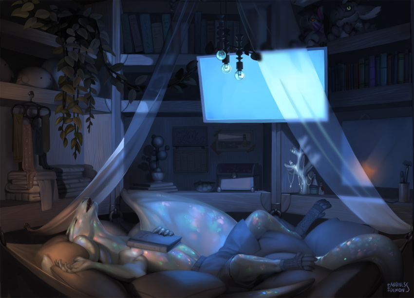 2019 anthro argar bed clothed clothing dragon furniture hi_res illarion_(character) inside kamuri lights madness_demon male night plushie screen sleeping wings