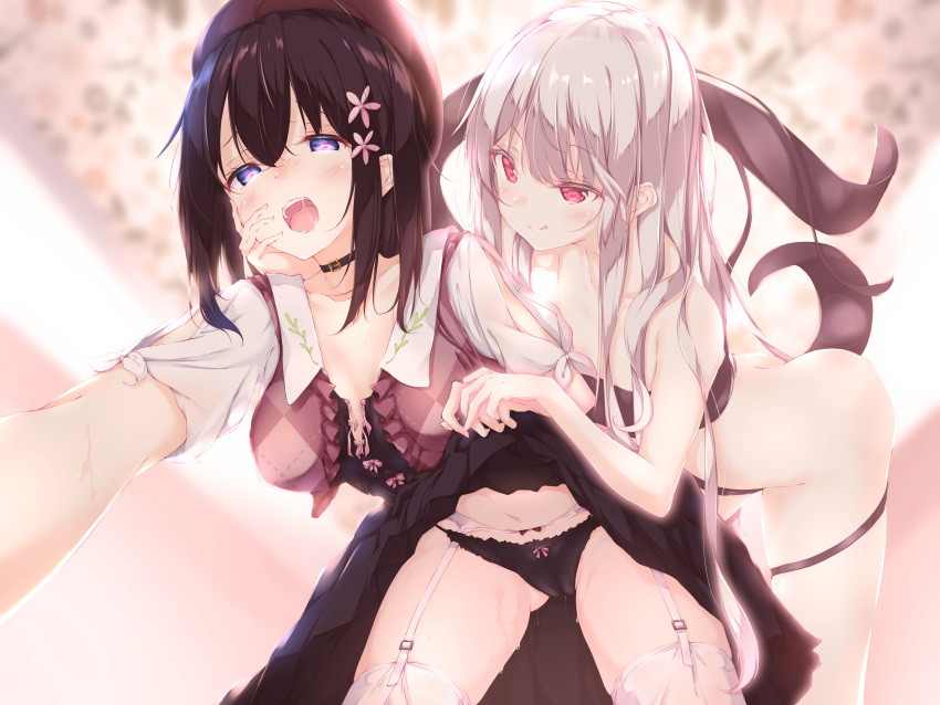 2girls absurdres ass black_hair black_panties choker grey_hair hair_between_eyes hair_ornament hat highres long_hair monster_girl multiple_girls numpopo open_mouth panties pussy_juice short_hair skirt skirt_lift smile thighhighs underwear white_legwear yuri