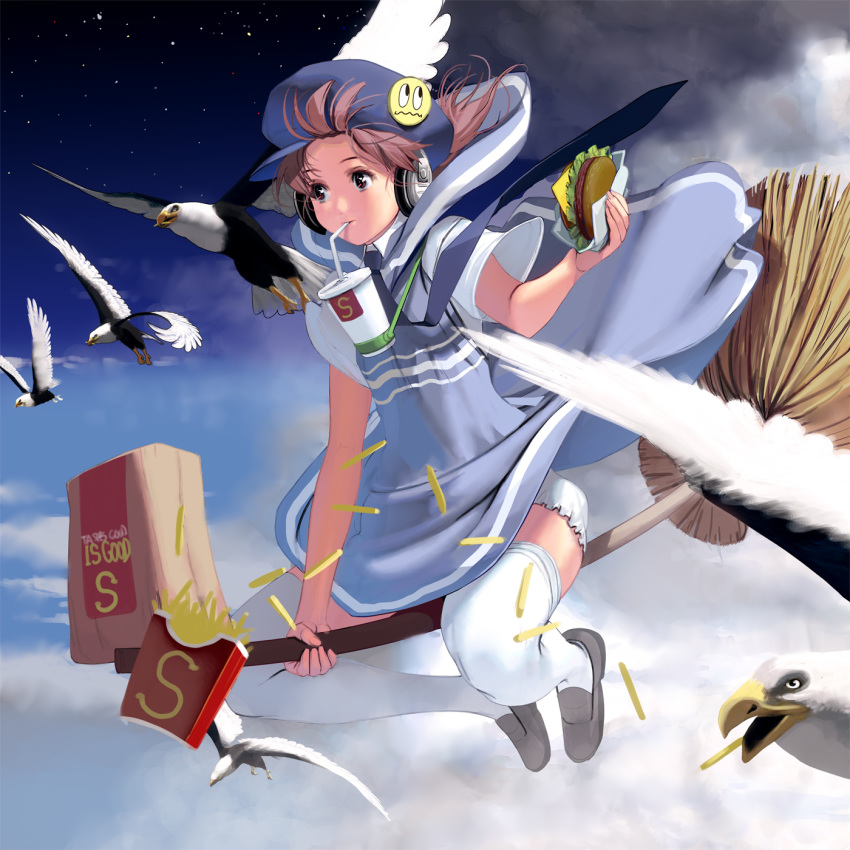 1girl badge bangs bird blue_dress broom broom_riding brown_eyes brown_hair cup disposable_cup dress drinking drinking_straw fast_food food french_fries hamburger hat headphones highres holding holding_food masao necktie night night_sky original outdoors short_hair short_sleeves sky solo thighhighs white_legwear witch