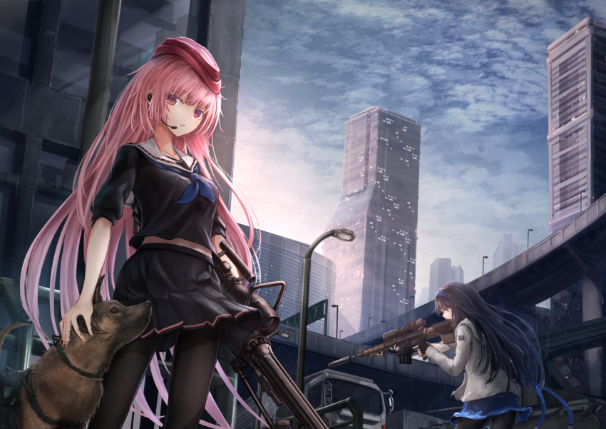 2girls aiming animal belly_peek black_gloves black_hair black_legwear black_serafuku black_shirt black_skirt blue_hairband blue_neckwear blue_skirt blue_sky breasts bridge building city cloud day dog fingerless_gloves garrison_cap girls_frontline gloves grey_hoodie ground_vehicle gun hairband hat headset holding holding_gun holding_weapon hood hood_down long_hair long_sleeves medium_breasts miniskirt motor_vehicle multiple_girls navel neckerchief ntw-20_(girls_frontline) outdoors pantyhose petting pink_hair pleated_skirt purple_eyes purple_headwear rifle sailor_collar school_uniform serafuku shirt short_sleeves shumeia skirt sky skyscraper sniper_rifle standing super_sass_(girls_frontline) truck very_long_hair weapon white_sailor_collar