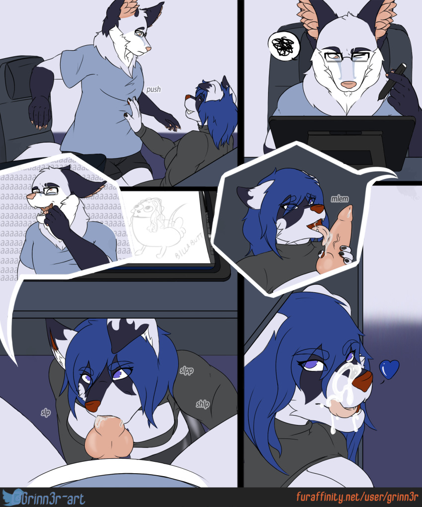 &lt;3 2019 anthro big_breasts blue_hair bodily_fluids breasts canid canine canis cleavage cleavage_cutout clothed clothing comic cum cum_on_face desk domestic_dog ethan_(grinn3r) eyewear fellatio female fox furniture genital_fluids glasses grinn3r hair hi_res keyhole_turtleneck knot male male/female mammal no_nut_november open_mouth oral penile penis sex shukin_hekon simple_background sound_effects sweater topwear