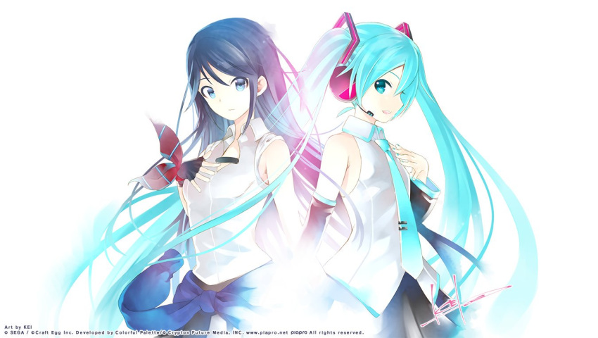 2girls aqua_eyes aqua_hair aqua_nails bare_shoulders black_eyes black_gloves black_hair black_skirt black_sleeves character_request commentary_request copyright_request crypton_future_media detached_sleeves fingerless_gloves gloves hair_ornament hand_on_own_chest hatsune_miku headphones headset kei_(keigarou) light_smile long_hair looking_at_viewer multiple_girls nail_polish official_art parted_lips sega shirt side-by-side skirt sleeveless sleeveless_shirt sleeves_rolled_up smile twintails upper_body very_long_hair vocaloid white_shirt wrist_bow