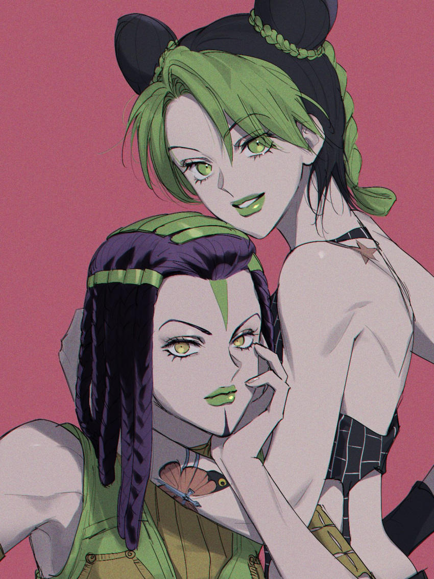 2girls bare_shoulders birthmark black_hair braid double_bun ermes_costello eyebrows_visible_through_hair eyes_visible_through_hair facial_mark get_out_tt green_eyes green_hair green_lipstick hairlocs halter_top halterneck head_on_hand highres joestar_birthmark jojo_no_kimyou_na_bouken kuujou_jolyne kuujou_joutarou lipstick looking_back makeup multicolored_hair multiple_girls pink_background ponytail shoulder_blades simple_background sleeveless smile stone_ocean tattoo two-tone_hair yellow_eyes