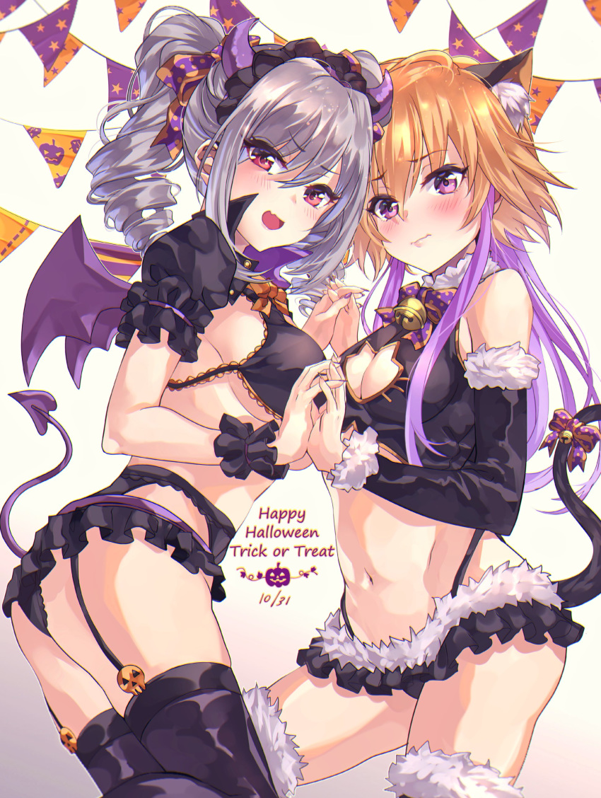 2girls absurdres animal_ear_fluff animal_ears ass bangs bell black_legwear black_panties black_skirt blush bow bowtie breasts cat_ears cleavage cleavage_cutout closed_mouth cowboy_shot demon_horns demon_tail demon_wings drill_hair fake_animal_ears fur_trim garter_belt garter_straps hair_extensions hair_ribbon halloween high_collar highleg highleg_panties highres holding_hands horns idolmaster idolmaster_cinderella_girls interlocked_fingers jingle_bell kanzaki_ranko long_hair looking_at_viewer microskirt multiple_girls nail_polish navel ninomiya_asuka open_mouth orange_bow orange_hair orange_nails panties puffy_short_sleeves puffy_sleeves purple_bow purple_eyes purple_hair purple_nails red_eyes ribbon short_sleeves sideboob sidelocks silver_hair skirt smile standing tail tdnd-96 thighhighs thighs twin_drills twintails underboob underwear wings