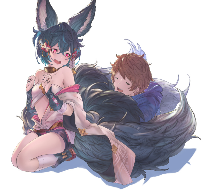 animal_ears backless_outfit bare_shoulders betabeet erune fox_ears fox_girl fox_tail gran_(granblue_fantasy) granblue_fantasy highres japanese_clothes large_tail multiple_tails open_mouth red_eyes seiza short_hair sideless_outfit sitting tail tail_hug you_(granblue_fantasy)