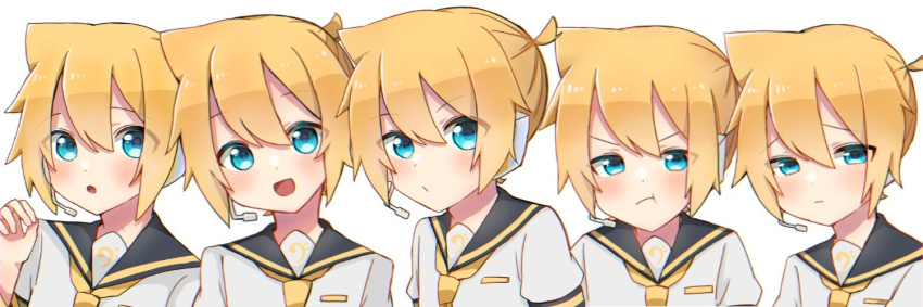 5boys akikan_sabago bass_clef black_collar blonde_hair blue_eyes blush collar commentary expressionless expressions furrowed_eyebrows headphones headset kagamine_len looking_at_viewer male_focus multiple_boys multiple_persona necktie open_mouth parted_lips pout sad sailor_collar school_uniform shirt short_hair short_ponytail short_sleeves smile spiked_hair upper_body v-shaped_eyebrows vocaloid white_shirt yellow_neckwear