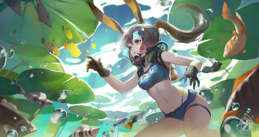 1girl :o absurdres air_bubble amiya_(arknights) animal_ears arknights artist_logo bare_shoulders bikini black_gloves blue_bikini breasts brown_hair bubble clothes_writing commentary_request day diving fish from_below gloves highres lanyaojun light_rays lily_pad long_hair navel open_mouth outdoors ponytail silver_eyes small_breasts solo sunbeam sunlight swimsuit thigh_strap underwater water