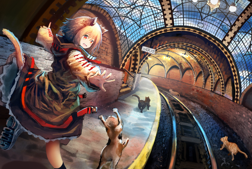1girl absurdres animal_ears belt black_legwear black_skirt boots brown_hair cat cat_ears cat_tail ceiling_light cloud cloudy_sky commentary_request dutch_angle frilled_skirt frills from_behind highres huge_filesize lamp long_sleeves looking_back medium_hair original outstretched_arms railroad_tracks red_eyes rishia running sign skirt sky socks stairs subway_station tail train_station_platform tunnel underground wavy_mouth white_skirt window