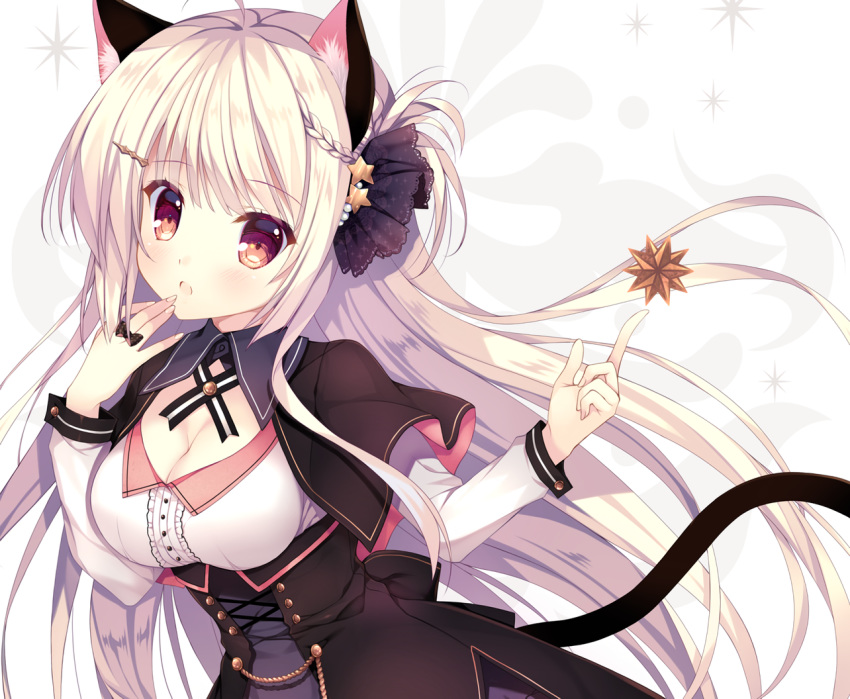 animal_ears blush breasts catgirl cleavage cropped dress long_hair mitha original red_eyes tail waifu2x white_hair