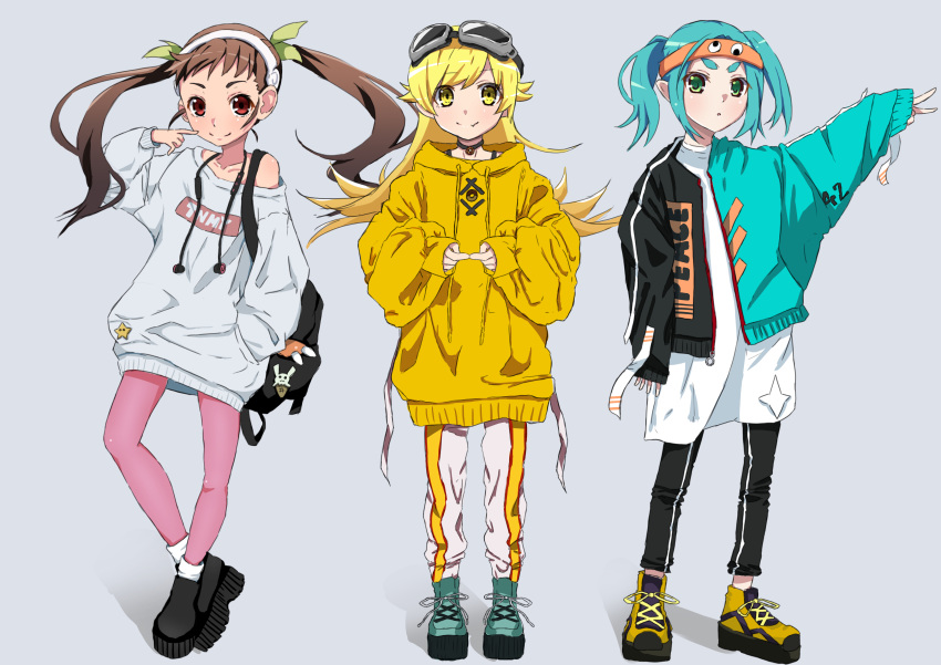 3girls absurdres alternate_costume aqua_hair bag bakemonogatari bangs black_footwear blonde_hair brown_hair bunny_ornament choker doughnut doughnut_print drawdream1025 earbuds earbuds_around_neck earphones earpiece eyebrows_visible_through_hair fang fingers_together food goggles goggles_on_head green_eyes hachikuji_mayoi hand_in_pocket headband highres hood hooded_sweater leg_warmers long_hair long_sleeves monogatari_(series) multiple_girls ononoki_yotsugi oshino_shinobu pants pink_legwear red_eyes smile sportswear star sweater sweater_vest track_pants v yellow_eyes yellow_footwear zipper_skirt