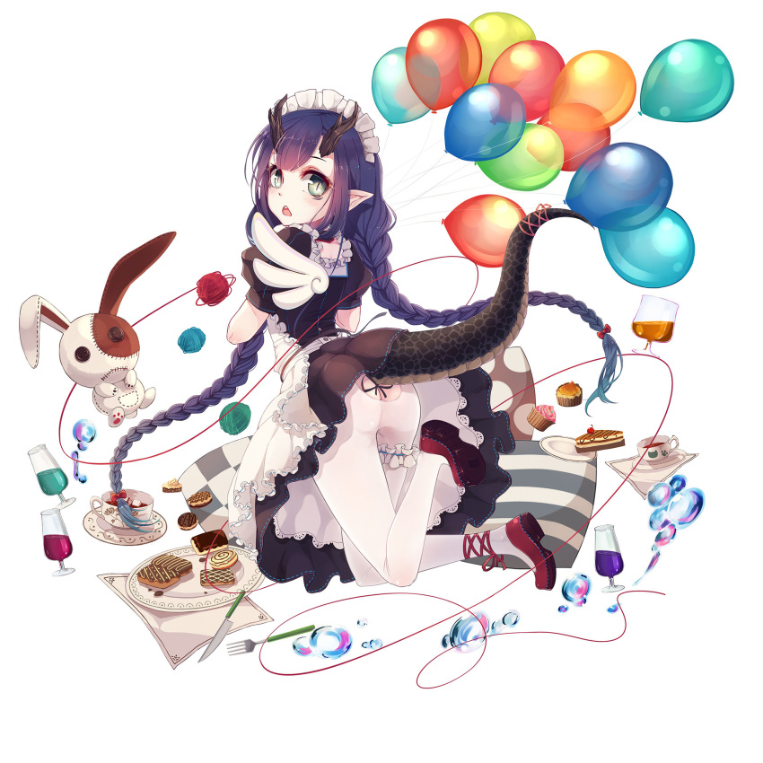 1girl ass balloon braid bubble cake cup dish dragon_girl dragon_horns dragon_tail eclair_(food) food fork glass highres horns kai-ri-sei_million_arthur knife long_hair looking_at_viewer looking_back maid million_arthur_(series) muffin official_art pillow pointy_ears puppet simple_background slit_pupils solo tail teacup wait white_background wings yarn yarn_ball