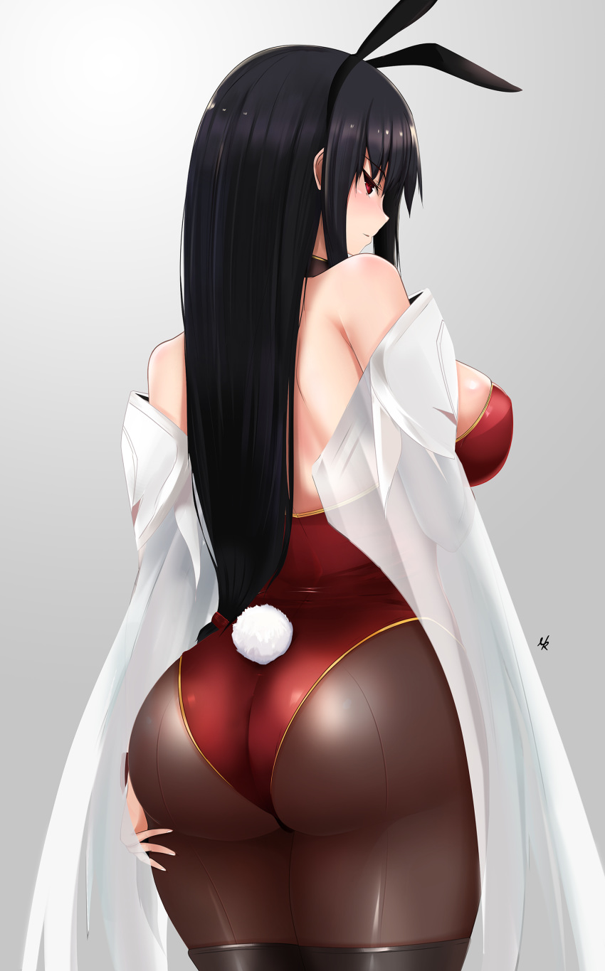 1girl absurdres animal_ears ass back bangs bare_shoulders black_hair black_legwear blush breasts bunny_ears bunny_tail bunnysuit cowboy_shot detached_sleeves edelritter from_behind hairband highres large_breasts long_hair long_sleeves looking_at_viewer looking_back lord_of_vermilion pantyhose parted_lips red_eyes rishia_(lord_of_vermilion) sleeves_past_wrists solo tail thighhighs thighhighs_over_pantyhose