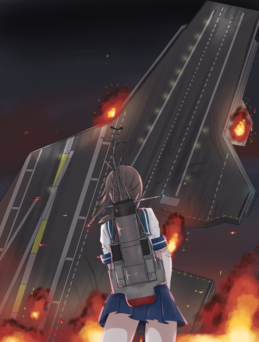 1girl absurdres aircraft_carrier black_hair blue_sailor_collar blue_skirt commentary_request cowboy_shot from_behind fubuki_(kantai_collection) highres kantai_collection looking_away low_ponytail machinery military military_vehicle night outdoors pleated_skirt ponytail rynn_(user_rkgs8583) sailor_collar school_uniform serafuku ship short_ponytail sidelocks skirt solo standing warship watercraft