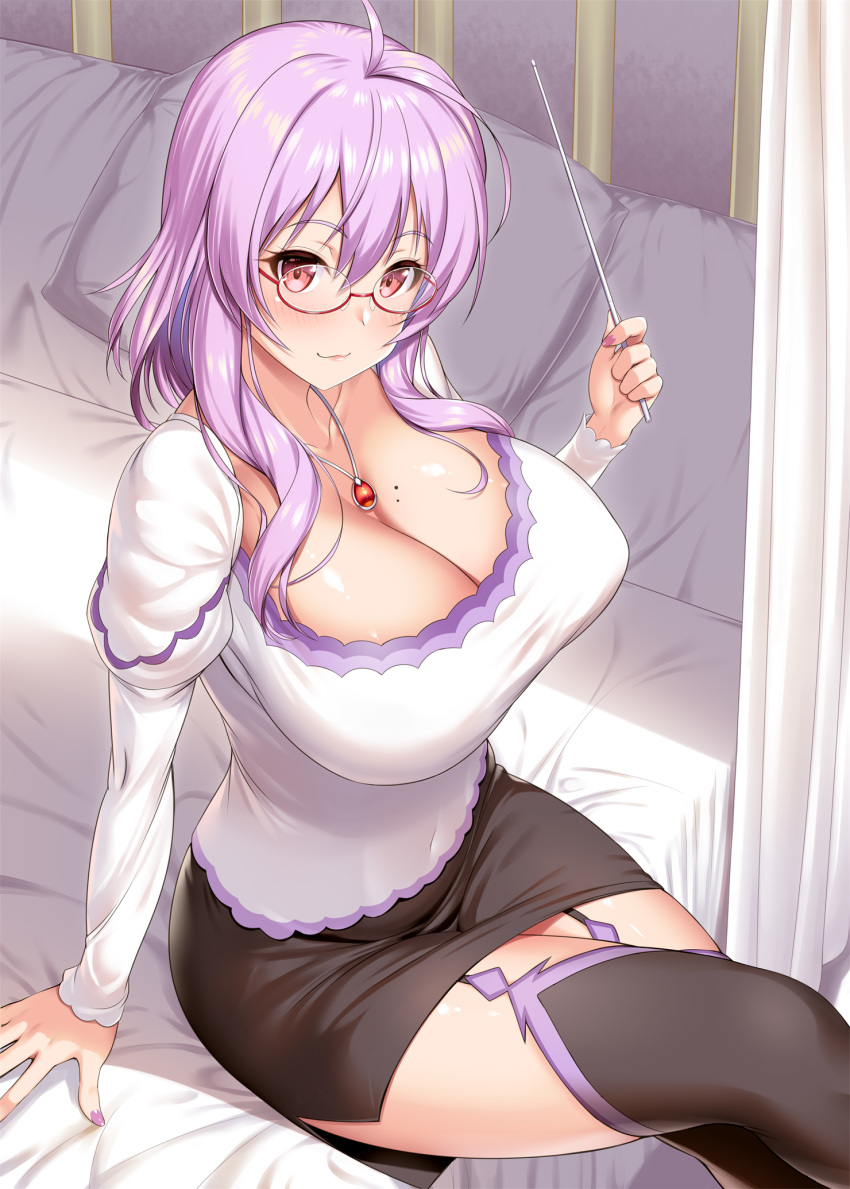 1girl :3 ahoge alternate_costume bed bed_sheet bespectacled black_legwear black_skirt blush breasts cleavage closed_mouth commentary_request crossed_legs glasses highres holding impossible_clothes impossible_shirt indoors jewelry juliet_sleeves kawase_seiki large_breasts long_hair long_sleeves looking_at_viewer miniskirt nail_polish necklace on_bed pencil_skirt pendant pillow pink_nails pointer puffy_sleeves purple_hair red-framed_eyewear red_eyes semi-rimless_eyewear shirt side_slit sidelocks sitting sitting_on_bed skirt solo strea sword_art_online thighhighs under-rim_eyewear white_shirt