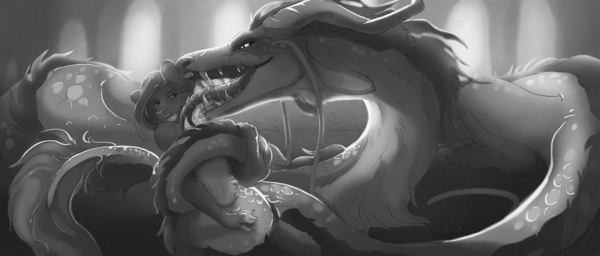 2019 5_fingers anta_art asian_mythology detailed_background digital_media_(artwork) dragon east_asian_mythology eastern_dragon fingers fur furred_dragon greyscale hi_res horn monochrome mythology open_mouth teeth tongue