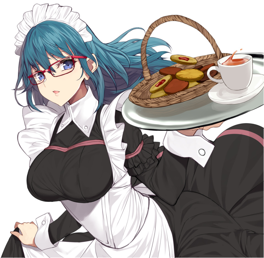 1girl alternate_costume apron basket bespectacled black_dress blue_eyes blue_hair blush breasts byleth_(fire_emblem) byleth_(fire_emblem)_(female) cup dress enmaided fire_emblem fire_emblem:_three_houses frilled_apron frilled_dress frills glasses highres holding holding_tray large_breasts long_hair long_sleeves looking_at_viewer maid maid_headdress parted_lips red-framed_eyewear saucer simple_background skirt_hold smile solo tea teacup tray underbust white_apron white_background wrist_cuffs yappen