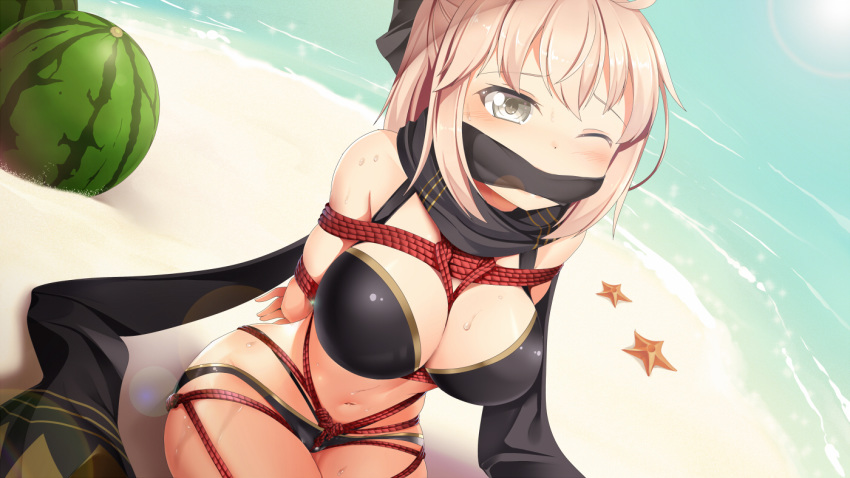 1girl ahoge arms_behind_back bdsm beach bikini black_bikini black_bow black_scarf blonde_hair bondage bound bound_arms bound_legs bow breast_bondage breasts cloth_gag crotch_rope fate/grand_order fate_(series) gag gagged hair_bow half_updo improvised_gag large_breasts navel okita_souji_(fate)_(all) okita_souji_(swimsuit_assassin)_(fate) one_eye_closed red_rope rope sand scarf shibari shibari_over_clothes sitting solo sweat swimsuit yasume_yukito yellow_eyes