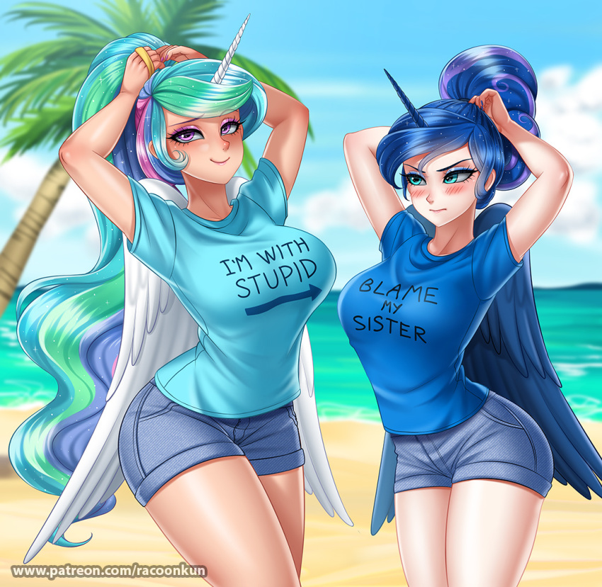 2019 5_fingers alternate_species beach blue_eyes blue_hair blush bottomwear clothed clothing cloud digital_media_(artwork) duo english_text eyelashes eyeshadow feathered_wings feathers female fingers friendship_is_magic hair horn horned_humanoid hotpants humanoid humanoidized long_hair makeup multicolored_hair my_little_pony not_furry outside palm_tree princess_celestia_(mlp) princess_luna_(mlp) purple_eyes racoon-kun seaside shirt shorts sibling sister sisters sky smile text topwear tree url winged_humanoid wings