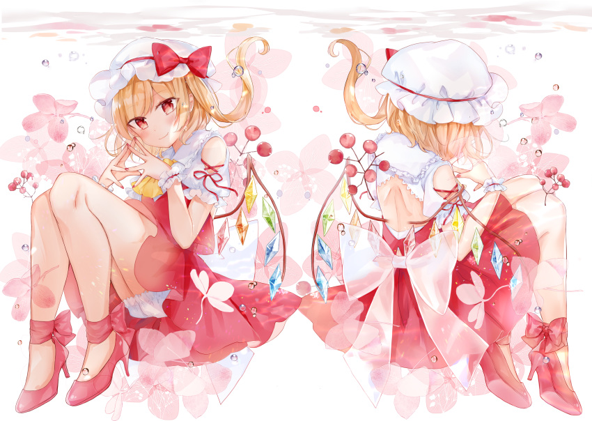 1girl ascot back_cutout bangs bare_back bare_legs bare_shoulders blonde_hair bloomers blush bow commentary_request cover crystal eyebrows_visible_through_hair flandre_scarlet frilled_shirt_collar frills from_behind full_body hat hat_bow head_tilt high_heels highres knees_up long_hair looking_at_viewer miniskirt mob_cap moko_(3886397) multiple_views nail_polish one_side_up own_hands_together puffy_short_sleeves puffy_sleeves red_bow red_eyes red_footwear red_nails red_skirt red_vest shirt short_sleeves shoulder_cutout sitting skirt skirt_set smile steepled_fingers thighs touhou translation_request underwear vest white_background white_bloomers white_headwear white_shirt wings yellow_neckwear