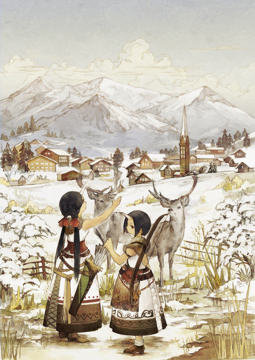 2girls arrow baiguiyu black_hair bow_(weapon) building commentary highres horn long_hair mountain multiple_girls original outdoors quiver reindeer short_hair tribal twintails weapon