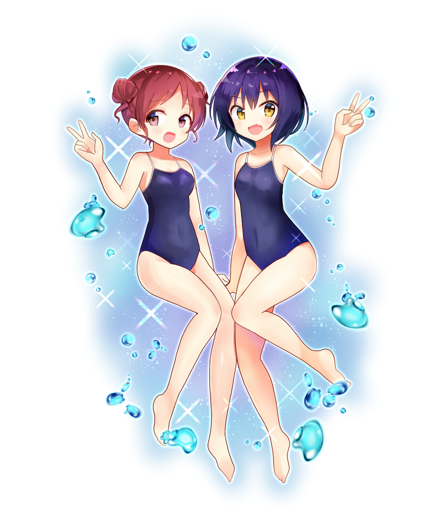 2girls :d absurdres bangs bare_arms bare_legs bare_shoulders barefoot blue_swimsuit blush breasts brown_eyes brown_hair collarbone commentary_request competition_school_swimsuit double_bun eyebrows_visible_through_hair gochuumon_wa_usagi_desu_ka? hair_between_eyes highres jouga_maya multiple_girls nanakusa_amane natsu_megumi one-piece_swimsuit open_mouth purple_hair small_breasts smile sparkle swimsuit v w water_drop