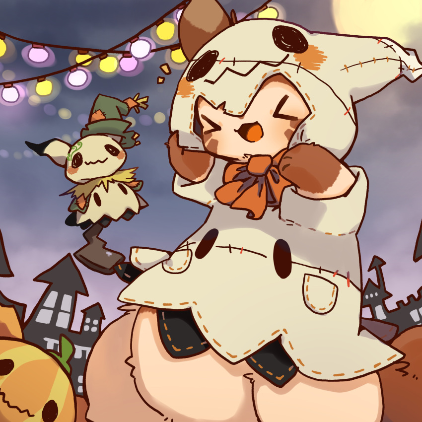 1:1 2019 brown_body brown_fur clothing eyes_closed fur furret halloween hat headgear headwear hi_res holidays ke_mo_suke mimikyu night nintendo outside pok&eacute;mon pok&eacute;mon_(species) video_games