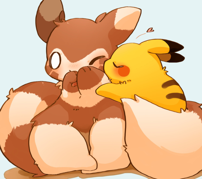 2019 blue_background blush brown_body brown_fur eyes_closed feral fur furret hi_res ke_mo_suke kissing nintendo pikachu pok&eacute;mon pok&eacute;mon_(species) simple_background sitting video_games