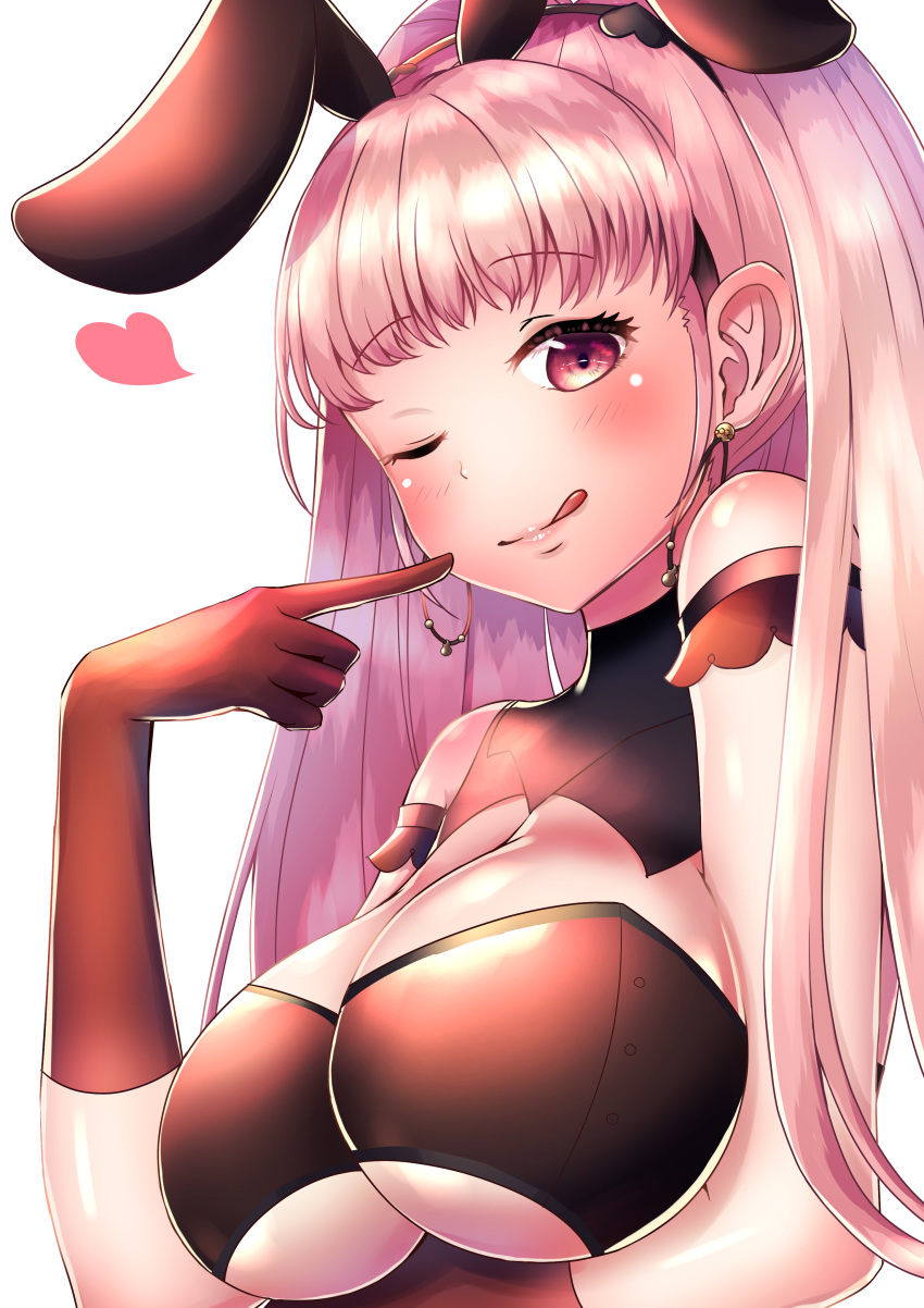 1girl :q absurdres animal_ears arm_under_breasts breasts bunny_ears cleavage closed_mouth earrings fake_animal_ears fire_emblem fire_emblem:_three_houses gloves highres hilda_valentine_goneril jewelry large_breasts long_hair one-eyed parupome pink_eyes pink_hair ponytail simple_background solo tongue tongue_out underboob upper_body white_background