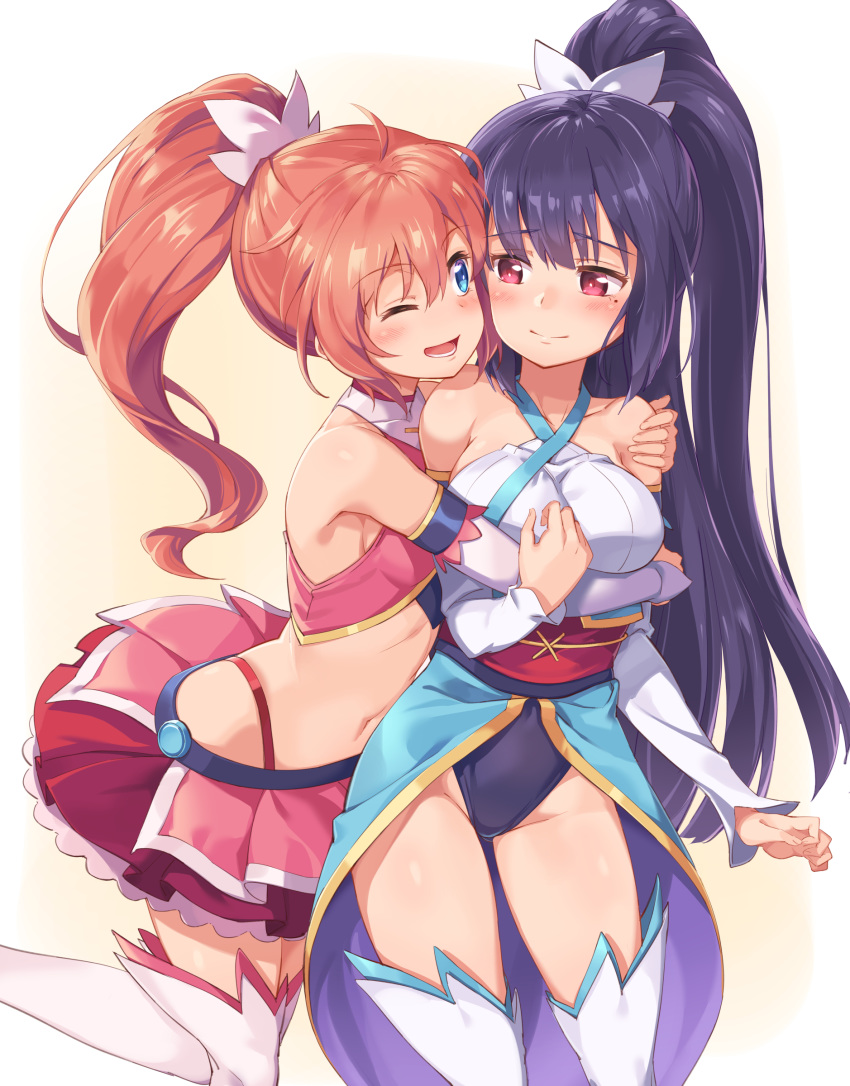 2girls ;d absurdres amatsuki_meguru angel_rose angel_sapphire bare_shoulders black_hair blue_eyes blush boots breasts collarbone covered_navel hand_on_another's_shoulder highres hug japanese_clothes kisaragi_sumire leotard long_hair magical_girl michairu mole mole_under_eye multiple_girls navel obi one_eye_closed open_mouth pink_skirt red_eyes red_hair red_skirt sash skirt smile thigh_boots thighhighs twin_angel twin_angel_break very_long_hair white_footwear yellow_background