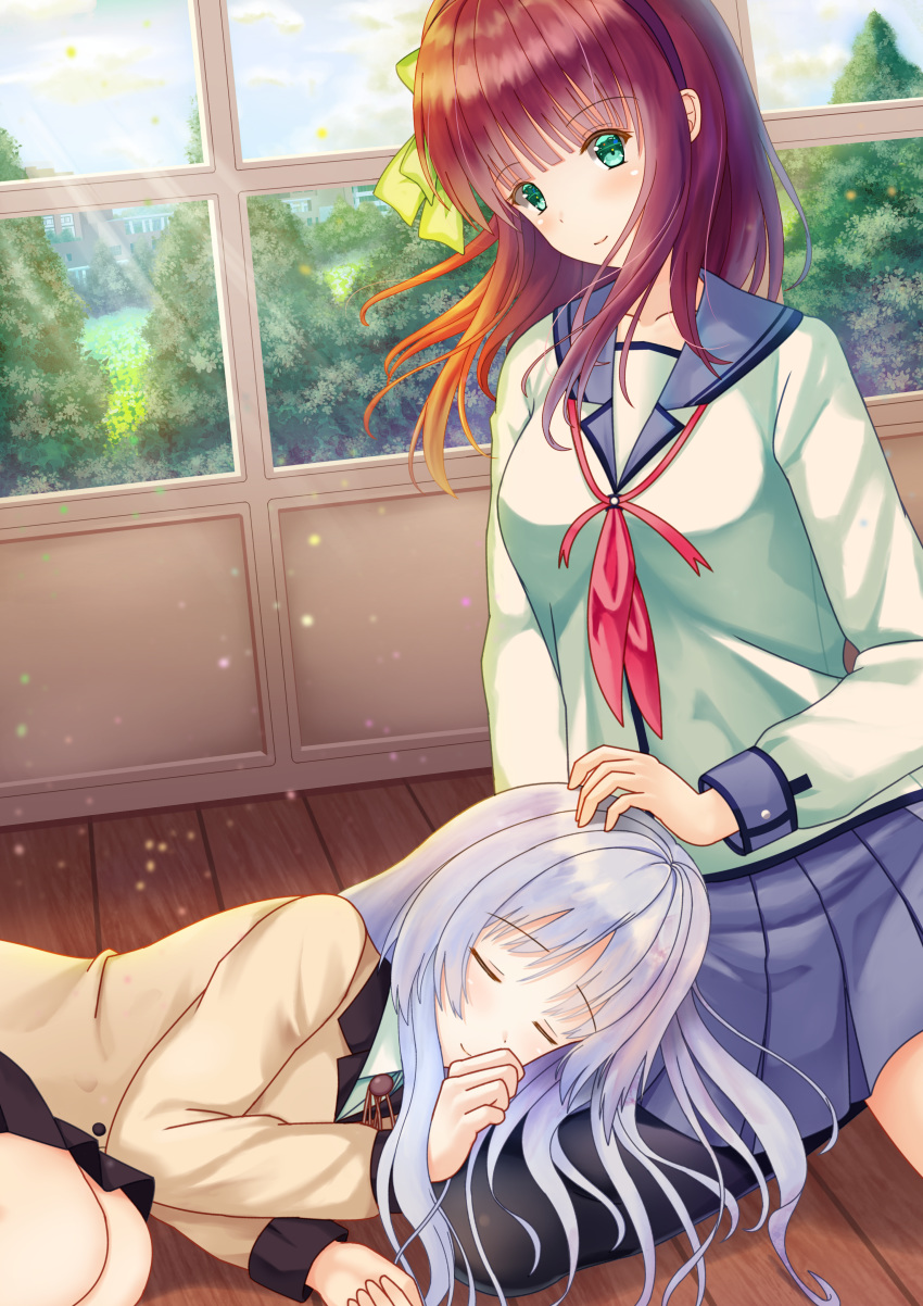 2girls absurdres angel_beats! bangs blush classroom closed_eyes curled_up green_eyes hand_on_another's_head highres huge_filesize kanahigu lap_pillow long_hair looking_down lying multiple_girls purple_hair ribbon school_uniform shinda_sekai_sensen_uniform silver_hair skirt sleeping smile sunlight tenshi_(angel_beats!) thighhighs yuri_(angel_beats!)