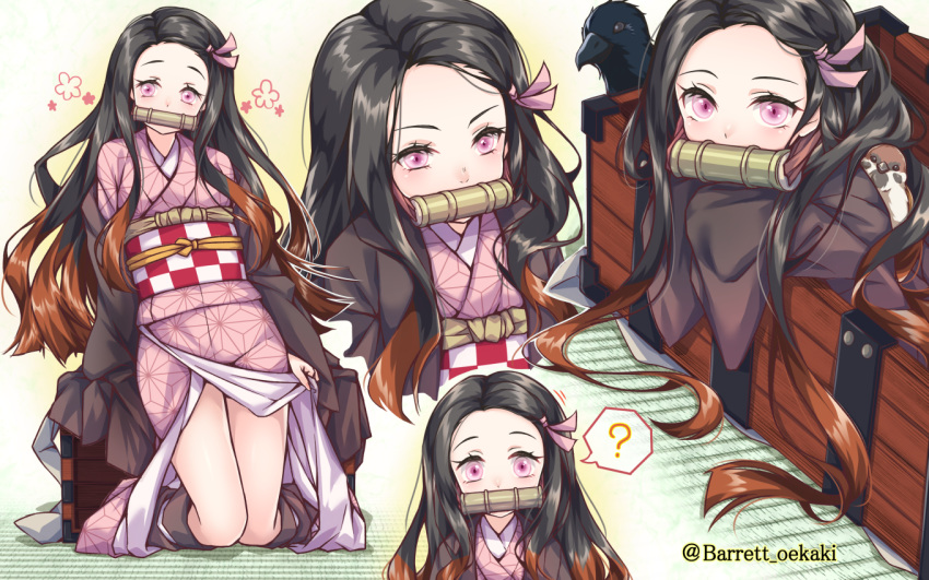 animal baretto bird black_hair gag japanese_clothes kamado_nezuko kimetsu_no_yaiba kimono long_hair pink_eyes skirt_lift watermark