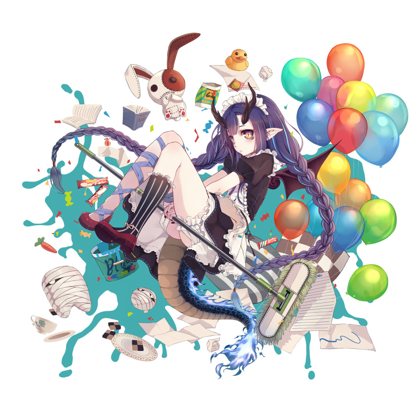 1girl ass balloon book braid candy carrot cookie cup dish dragon_girl dragon_horns dragon_tail food highres holding horns kai-ri-sei_million_arthur long_hair looking_at_viewer maid million_arthur_(series) mismatched_legwear mop mummy no_panties notepad official_art paint paper pillow pointy_ears puppet rubber_duck simple_background slit_pupils solo tail teacup wait white_background wings