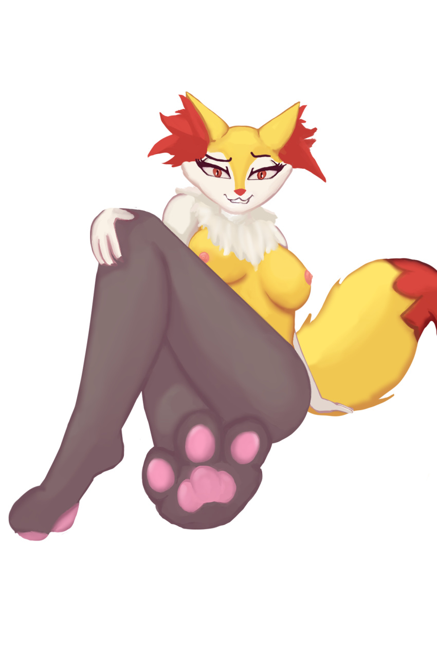 2019 3_toes anthro braixen breasts eyelashes feet female foot_focus fur half-closed_eyes hi_res inner_ear_fluff kinkysashimi looking_at_viewer multicolored_body multicolored_fur multicolored_tail nintendo nipples pawpads paws pok&eacute;mon pok&eacute;mon_(species) simple_background sitting smile solo suggestive toes tuft video_games