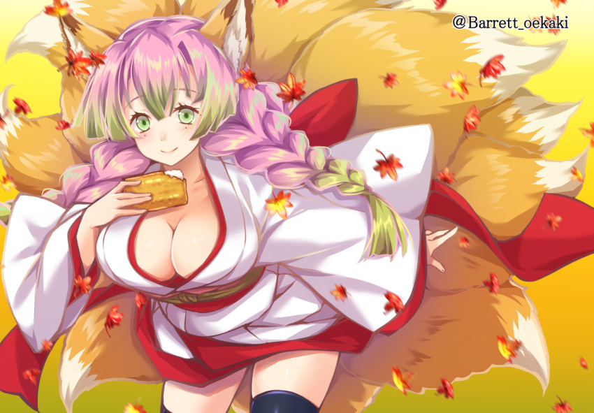 animal_ears autumn baretto blush braids breasts cleavage food foxgirl gradient green_eyes japanese_clothes kanroji_matsuri kimetsu_no_yaiba leaves miko multiple_tails pink_hair tail thighhighs twintails watermark yellow zettai_ryouiki