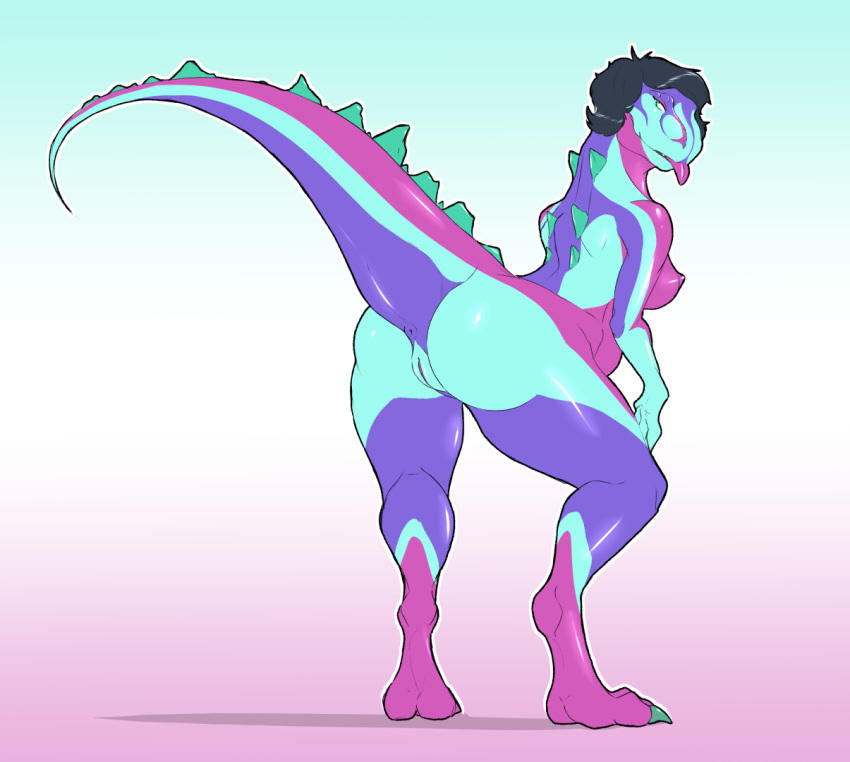 2019 anthro anus black_hair breasts butt dinosaur female hair implied_transformation koopacap looking_back multicolored_body nipples nude pussy rear_view reptile scalie solo spikes standing theropod tongue tongue_out tyrannosaurid tyrannosaurus tyrannosaurus_rex