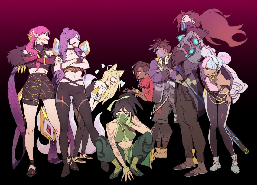 2boys 6+girls ahri akali animal_ears bent_over black_hair black_jacket black_legwear black_skirt choker crop_top crossed_arms dark_skin dark_skinned_male double_bun ekko_(league_of_legends) evelynn eyewear_on_head fox_ears gold_footwear gradient gradient_background green_pants hair_bun halterneck headphones headset heart heart_choker idol indian_style jacket k/da_(league_of_legends) k/da_ahri k/da_evelynn k/da_kai'sa kai'sa kumiho league_of_legends leggings legwear_under_shorts long_hair mask multicolored_hair multiple_boys multiple_girls pants pantyhose pink_hair ponytail purple_hair qiyana_(league_of_legends) red_jacket senna_(league_of_legends) shoes shorts simple_background sitting skirt sneakers sunglasses tattoo true_damage_(league_of_legends) true_damage_ekko true_damage_qiyana true_damage_senna true_damage_yasuo two-tone_hair undercut whisker_markings yasuo_(league_of_legends) zaket07