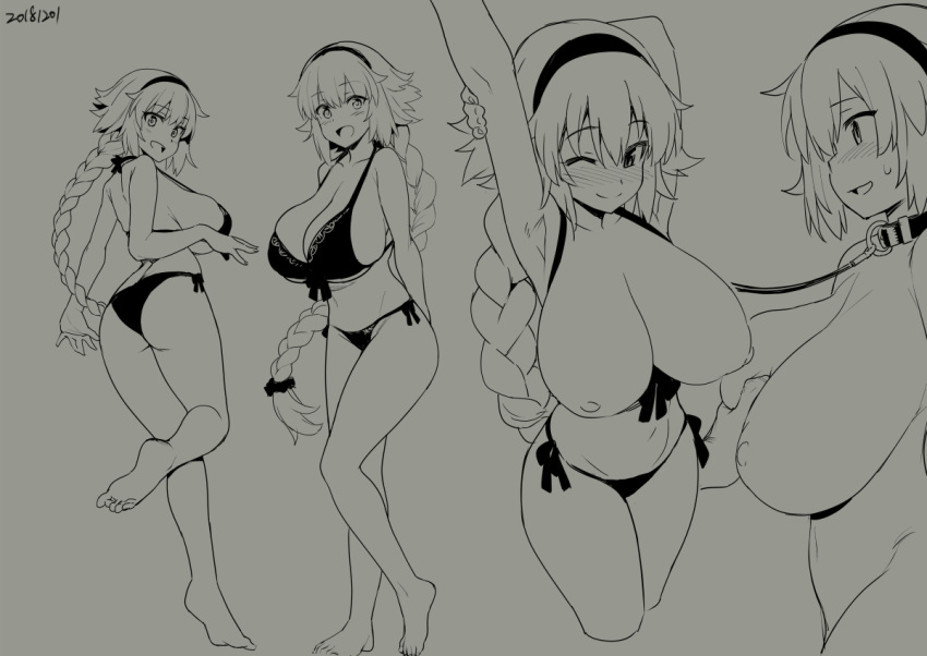 1girl arm_up armpits ass bangs bare_shoulders barefoot bikini black_bikini blush braid breasts cleavage closed_mouth collar fate/grand_order fate_(series) full_body grey_background hairband huge_breasts jeanne_d'arc_(fate)_(all) jeanne_d'arc_(swimsuit_archer) leash legs lineart long_braid long_hair looking_at_viewer multiple_views nipples open_mouth simple_background single_braid smile stretch swimsuit thighs try very_long_hair